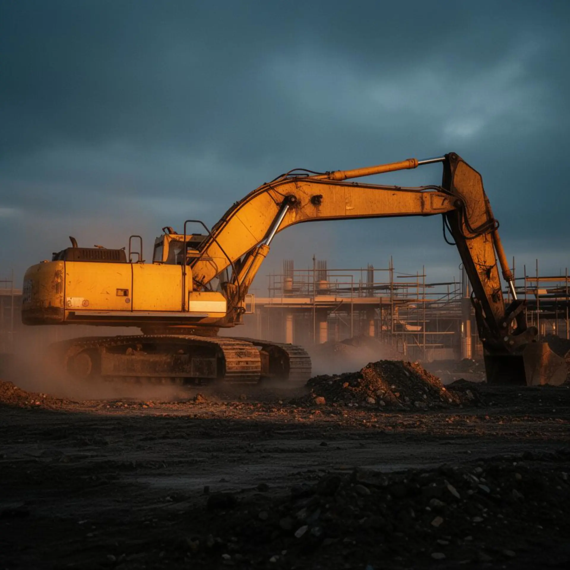 Heavy excavator on jobsite at golden hour